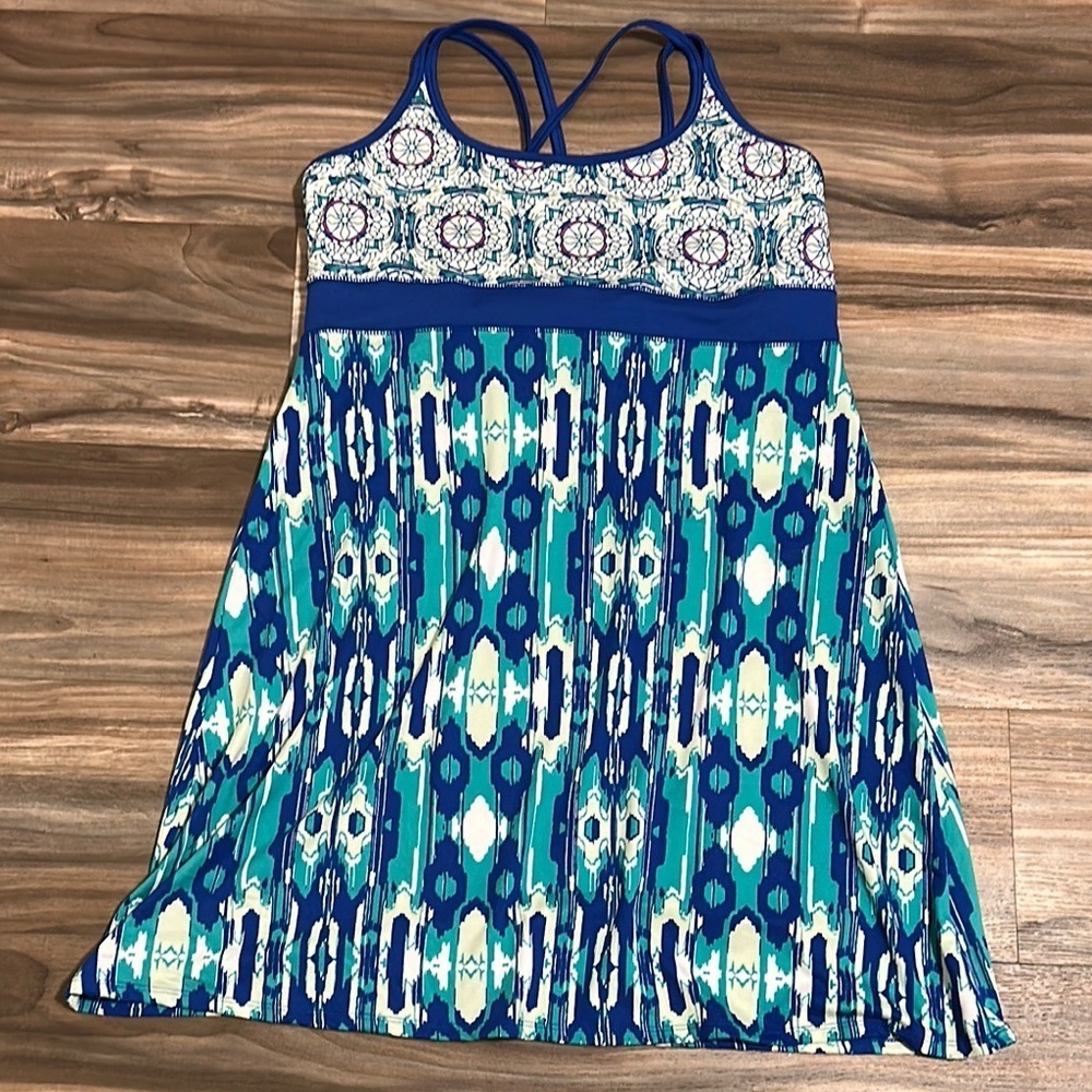 Lola By AFG Blue Teal White Built In Bra Athletic A-Line Dress Size XL